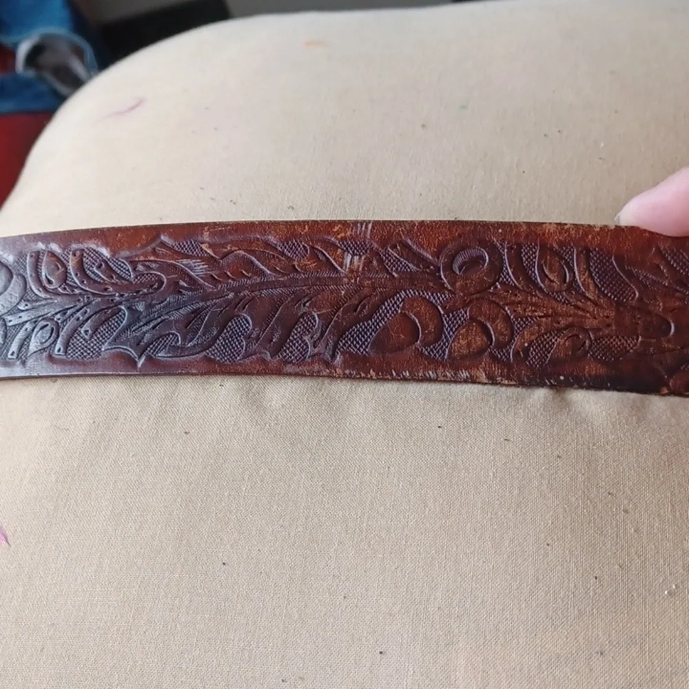 Bergamot Brass Belt Buckle 1983, Running Buck, with hand tooled leather belt, 34